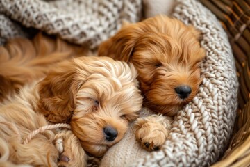 Three puppies of a dog breed are asleep in a basket