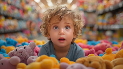Child amidst toy store tantrum, navigating desires versus limits.generative ai
