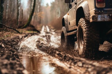 An off road vehicle drives along a muddy track and stirs up a lot of dirt.