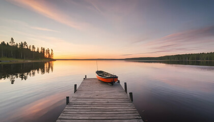 Sunset on a lake wooden pier with fishing boat at sunset in finland - obrazy, fototapety, plakaty
