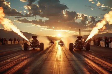 Two dragsters line up on a deserted airstrip with flames spitting from their exhausts.