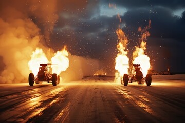 Two dragsters line up on a deserted airstrip with flames spitting from their exhausts. - obrazy, fototapety, plakaty