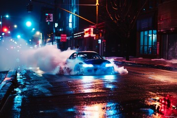 A car performs a controlled drift around a tight corner on a city street at night.