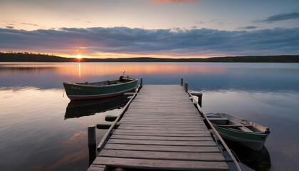 Fototapeta na wymiar Sunset on a lake wooden pier with fishing boat at sunset in finland