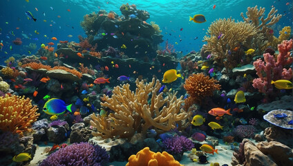 coral reef in the red, coral reef with fish, coral reef and fish