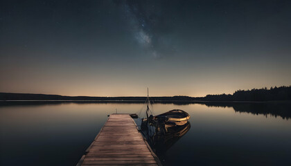 Space Night on a lake wooden pier with fishing boat at Space Night in fineland with Spaceship  Planet Mercury