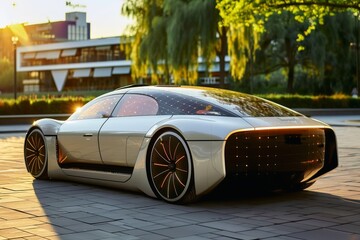 A futuristic electric car with solar panels all over.