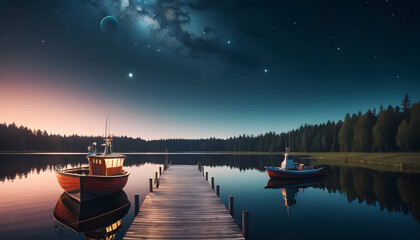 Space Night on a lake wooden pier with fishing boat at Space Night in fineland with Spaceship  Planet Mercury - obrazy, fototapety, plakaty