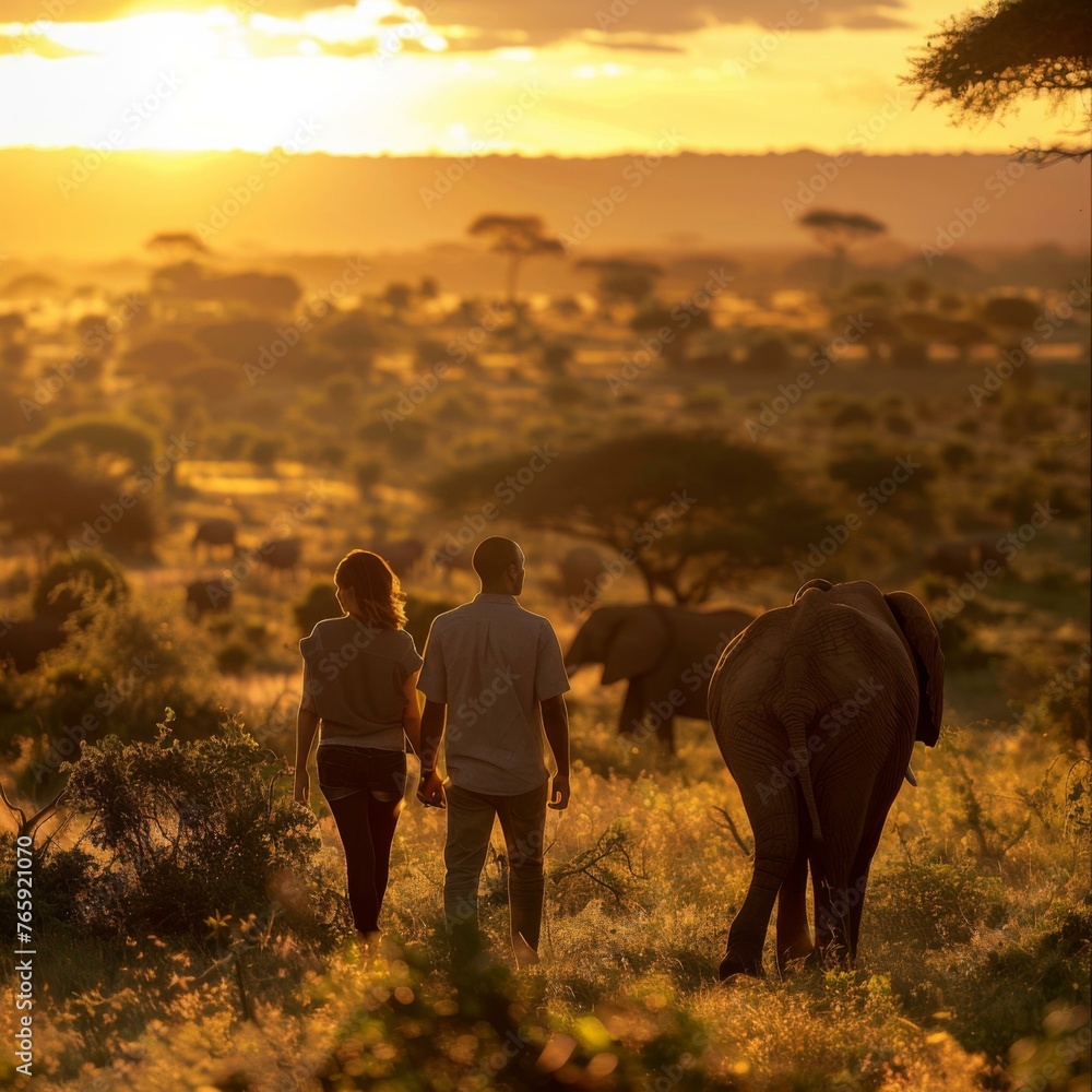 Poster a couple walking through a field with elephants in the background. generative ai.