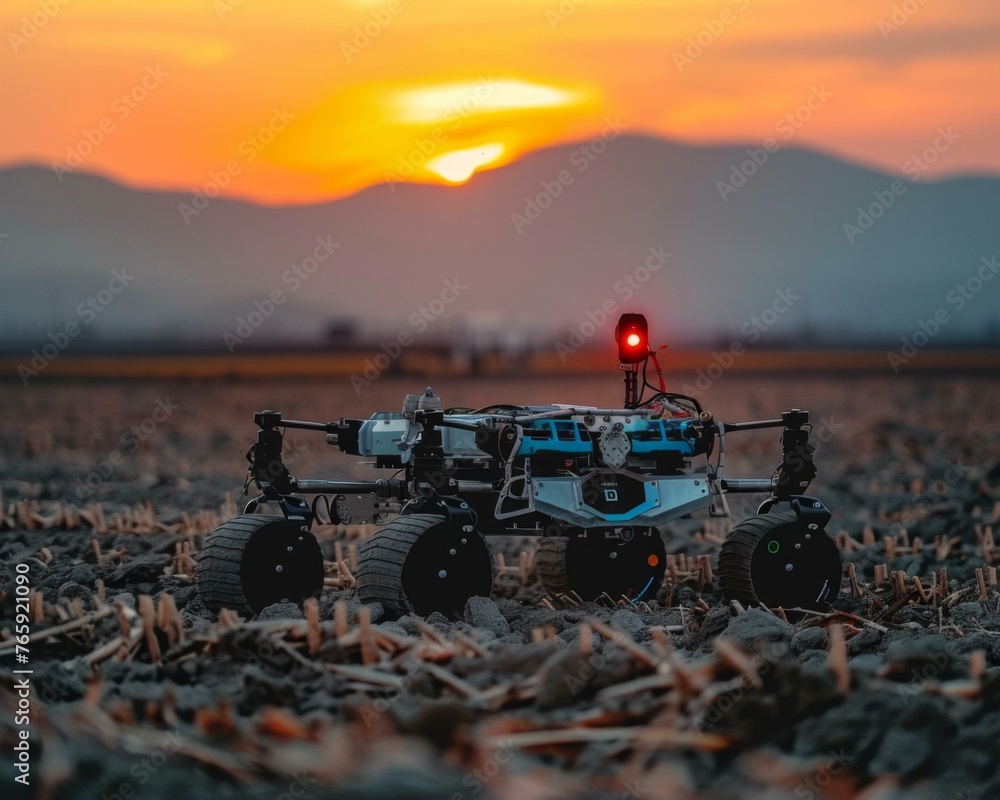 Poster a small robot sitting in a field with a sunset in the background. generative ai.