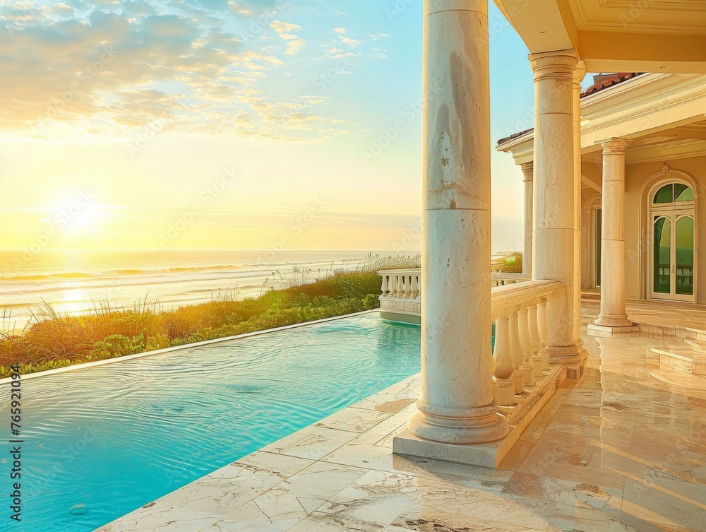 Poster a large pool and patio area with a view of the ocean. generative ai.