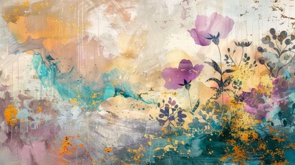Abstract Artistic Background with Metallic Elements, Vintage Floral Illustrations and Golden Brushstrokes - Modern Oil Painting