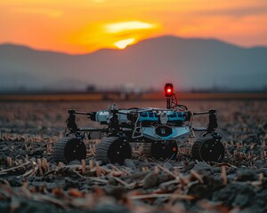 A small robot sitting in a field with a sunset in the background. Generative AI.