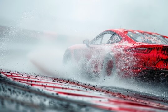 A race car splashes through a corner on a wet track sending up a spray of water.