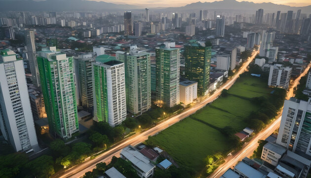 A photo og metro manila as a walkable city with lots of green space and a Beautifil Background Light Buildings Flash,Ai