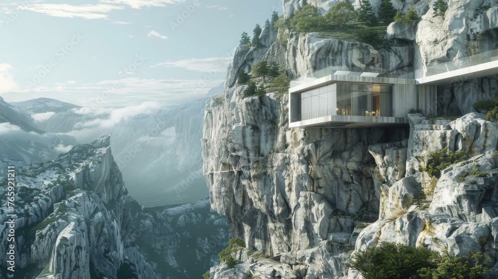 Poster a mountain with a house on top of it with a view of the mountains. generative ai.