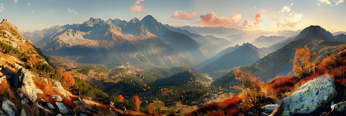 Panorama mountain autumn landscape - obrazy, fototapety, plakaty