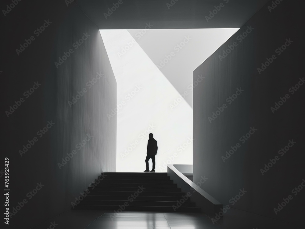 Poster a man standing on a set of stairs in a dark room. generative ai.