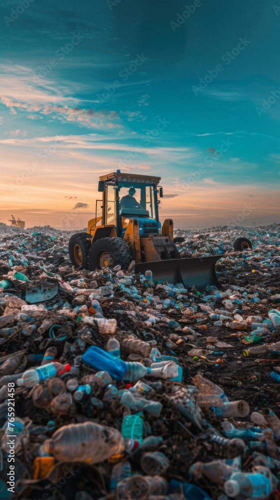 Poster a tractor is in a pile of trash in a field. generative ai.