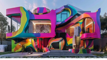 A colorful house with a lot of windows and a lot of stairs. Generative AI.