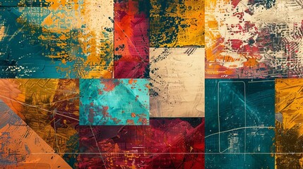 An abstract painting with geometric shapes, vibrant colors and metallic accents on a textured canvas. Digital Art