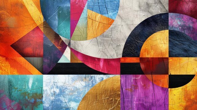 An abstract painting with geometric shapes, vibrant colors and metallic accents on a textured canvas. Digital Art