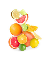 Stack of different citrus fruits isolated on white