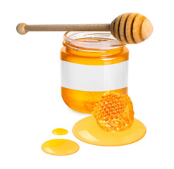 Sweet honey in glass jar with blank label, wooden honey dipper and piece of honeycomb on white background. Mockup for design