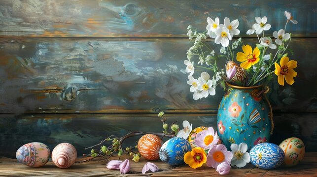 Colorful Easter eggs and spring flowers on rustic wooden background, traditional holiday still life, digital painting