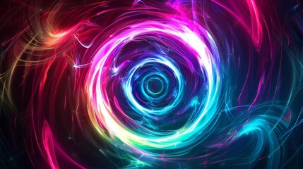 Dynamic abstract background with multicolored vortex flow, neon rays and glowing lines. Digital Art