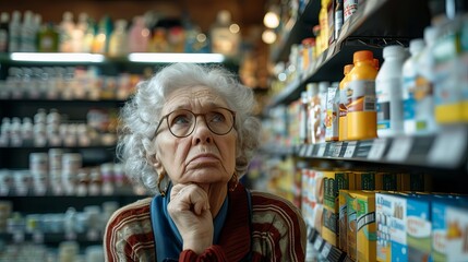 Elderly Woman Worried About Rising Food Prices and Inflation at Pharmacy, Cost of Living Concept