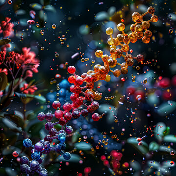A colorful, abstract painting of DNA strands with many different colored spheres. The painting is full of vibrant colors and has a sense of movement and ener