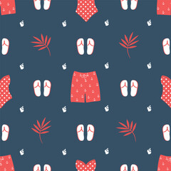 Summer pattern. Seamless template with red swimsuits, swimming trunks, flip-flops, shells, tropical leaves. Vector illustration on dark blue background