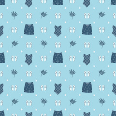Summer pattern. Seamless template with blue swimsuits, swimming trunks, flip-flops, shells, tropical leaves. Vector illustration on light blue background