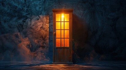 Old-fashioned style wooden phone booth with light inside on dark wall background - obrazy, fototapety, plakaty