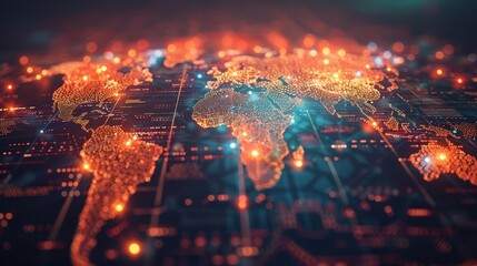 Glowing World Map on Dark Background Representing Global Networking and Connectivity, Futuristic Technology Concept