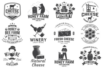 Set of wine company, cheese family, honey bee farm badge design. Template for logo, branding design with block cheese, glass of wine, bottle, milk farm. Vector illustration. Hand crafted product - 765922487