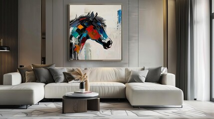 Large Stroke Oil Painting of Horse on Art Wall, Modern Animal Artwork with Spots and Knife Strokes