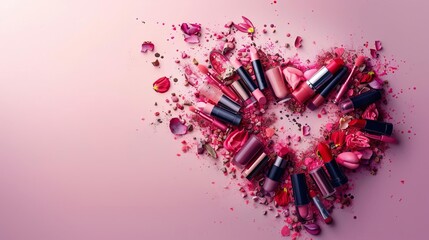 Lipstick heart symbol made of cosmetic products on pastel background, beauty and makeup concept illustration, digital art