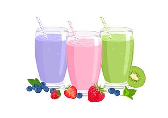 Three fruit smoothies in glasses and fresh strawberry, blueberry, kiwi. Healthy food concept. Vector cartoon illustration.