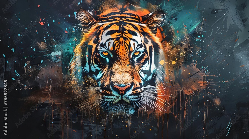 Wall mural Majestic tiger portrait with paint drips and splashes, wildlife mixed media illustration