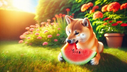 shiba eating watermelon