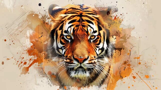 Majestic tiger portrait with paint drips and splashes, wildlife mixed media illustration