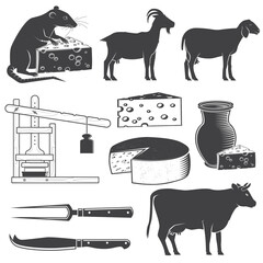 Set of cheese family farm icon silhouettes. For logo, branding design with block cheese, sheep lacaune, fork, knife for cheese, cow, goat, cheese press. Vector illustration. - 765923044