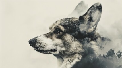 Black and white photo of a corgi dog in close-up against a background of forest and nature. Portrait of a dog, a double exposure photograph