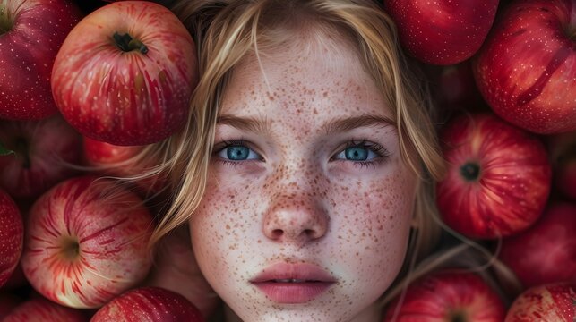 Portrait of a young woman with red apples generative ai