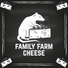 Family farm cheese badge design on the chalkboard. Template for logo, branding design with triangle block cheese and rat, mouse. Vector illustration. Hand crafted product cheese - 765923403
