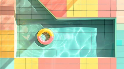 multicoloured art deco 1 illustration it is seen from above, of a whole rectangle swimming pool of tiled walls with a swim ring floating