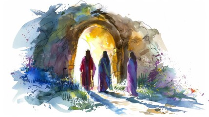 Three women standing before open entrance of empty tomb, vibrant watercolor Easter illustration