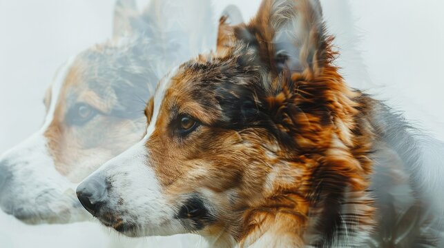A close-up photo of a corgi dog with its own silhouette. Portrait of a dog shot with a double exposure